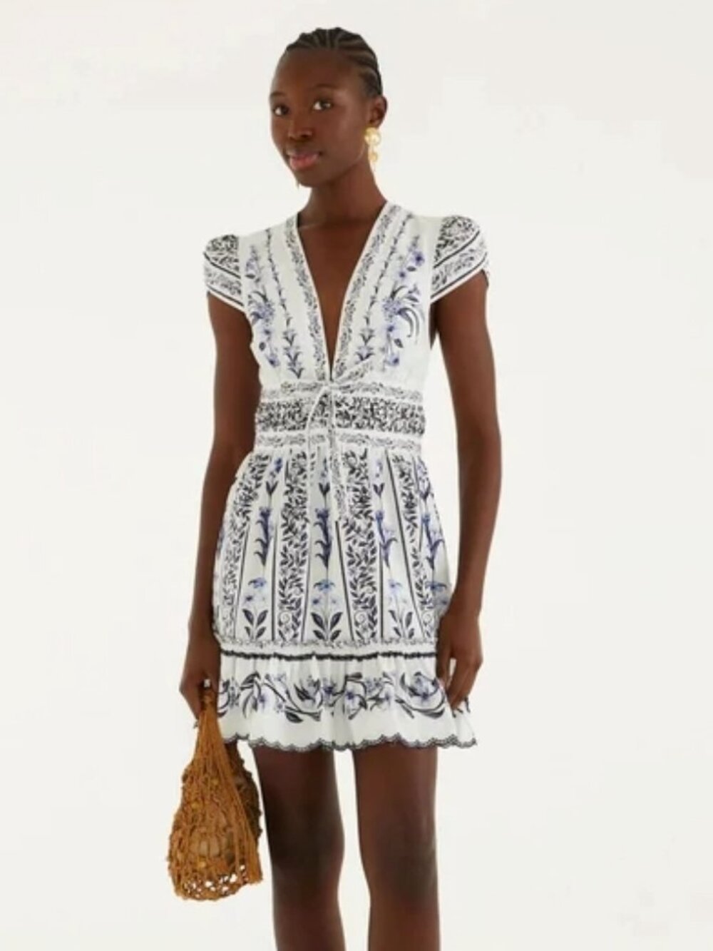Farm Rio Flowers Arch White/Blue Floral Short Sleeves Mini Dress NWT Small